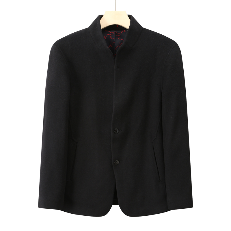黑色立领毛呢大衣66.3％羊毛