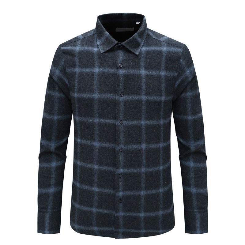 商务休闲藏蓝格子磨毛长袖衬衫