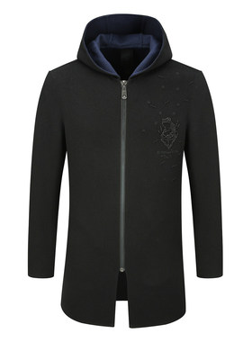 YW410D断码清仓早春男士98％羊毛黑色连帽中长款时尚刺绣毛呢大衣