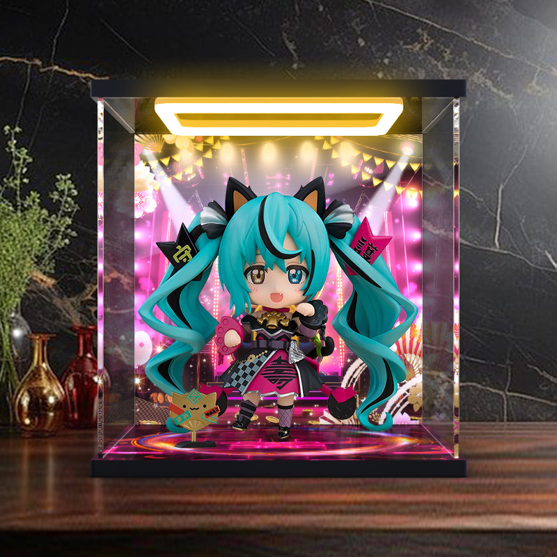 适用GSC 初音未来 黑招财猫 粘土人 手办收纳盒回灯亚克力展示盒