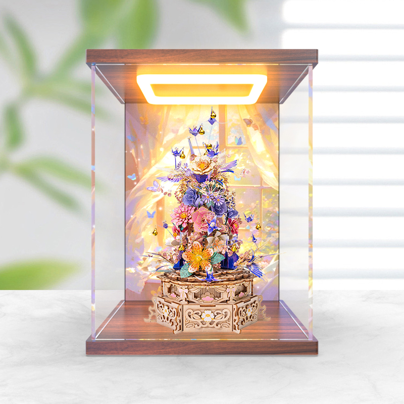 适用艺模醉花间花簇八音盒防尘罩3D立体拼装模型回型灯展示盒柜子
