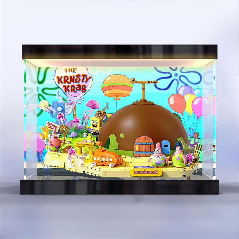 适用AREAX砖区积木海绵宝宝派大星的石头屋玩具亚克力灯箱展示盒