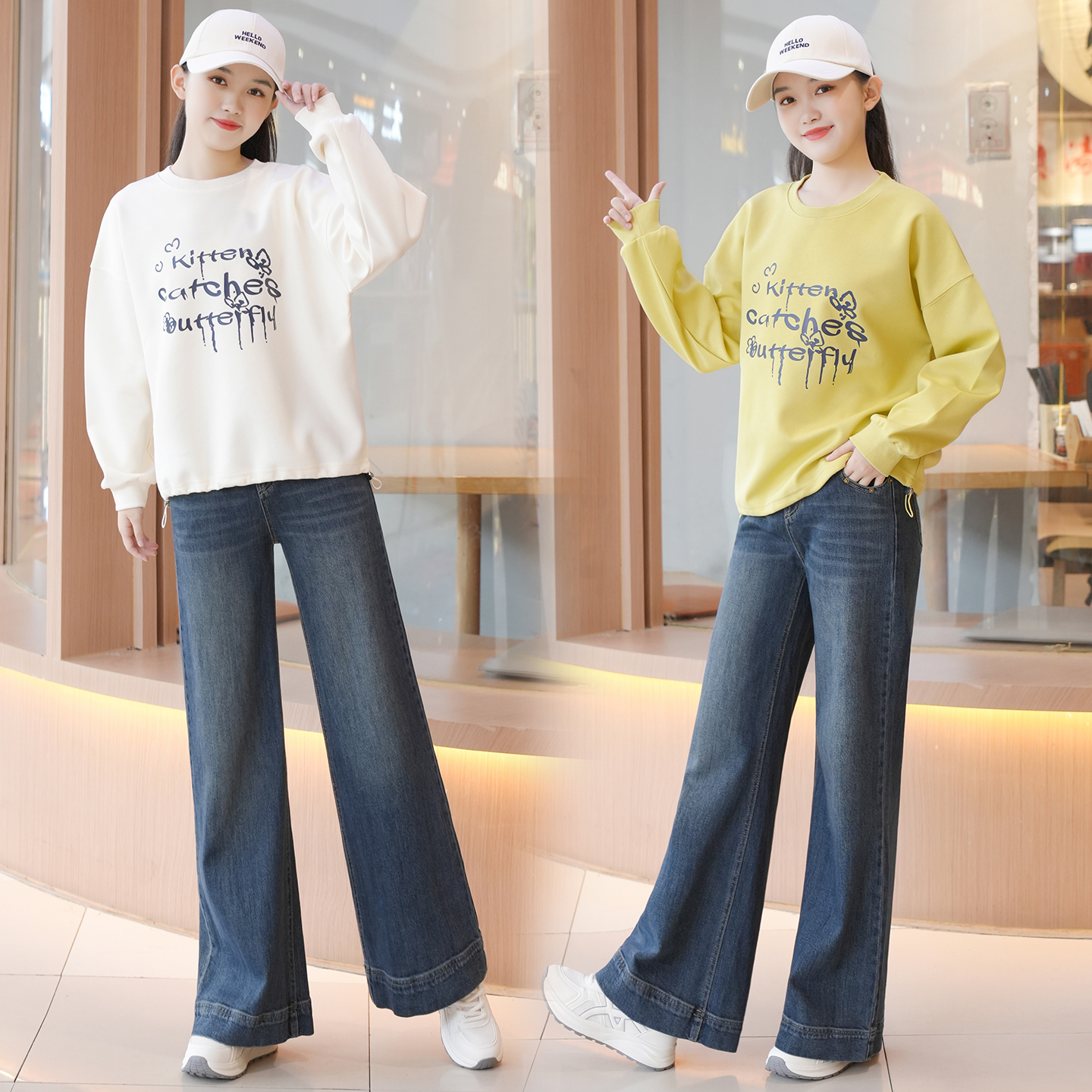 女大童秋季套装2025新款青少年学生8-18岁女孩宽松卫衣牛仔裤套装