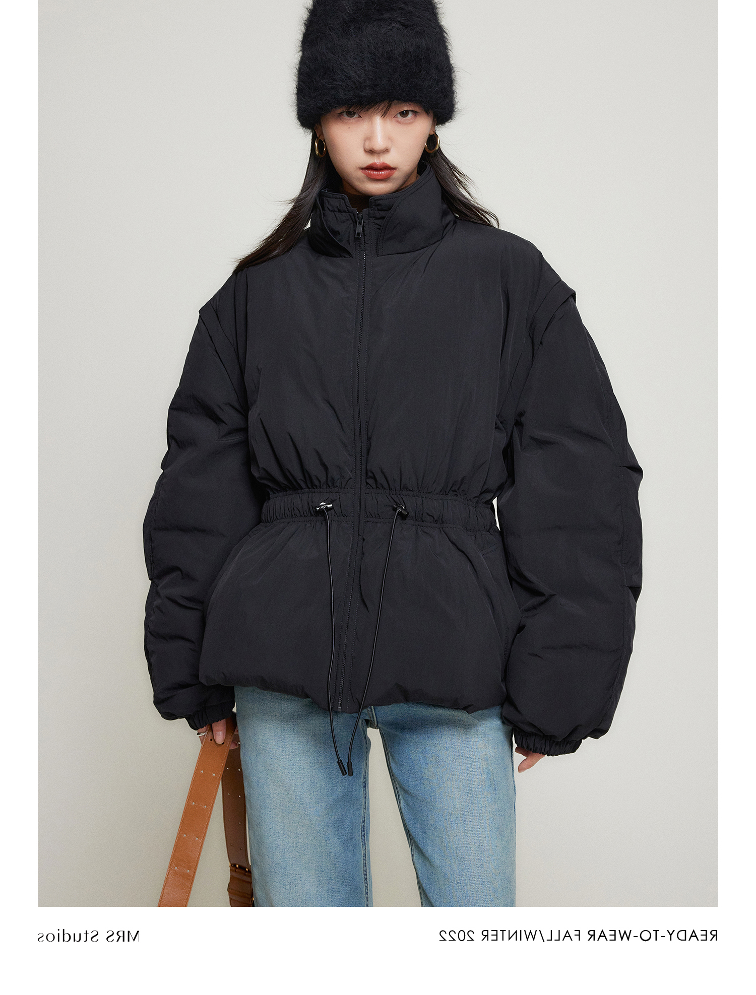 简约短款立领腰部抽绳