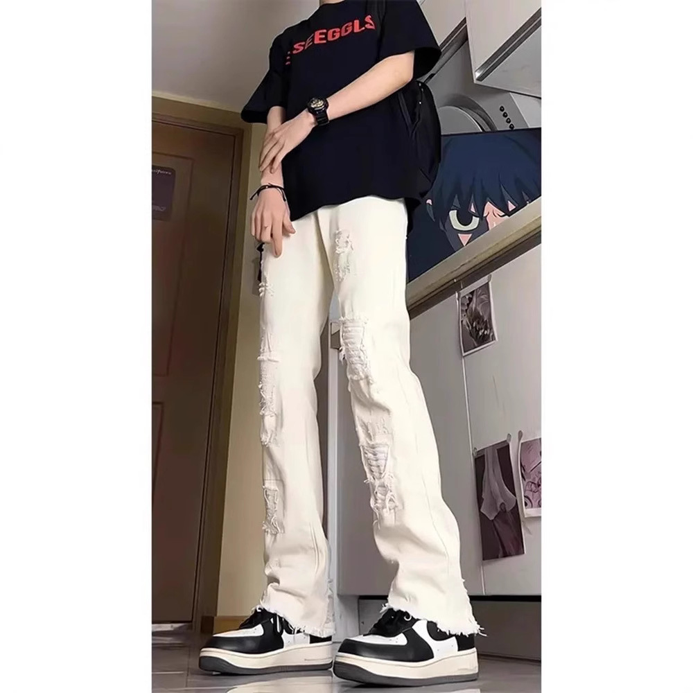 韩版破洞牛仔裤男夏季薄款美式高街vibe裤子毛边设计直筒微喇