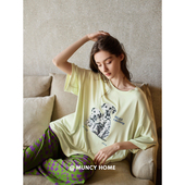 睡衣女夏薄款 曼系 柔软棉少女家居服 短袖 撞色长裤 柠檬奶绿 新款