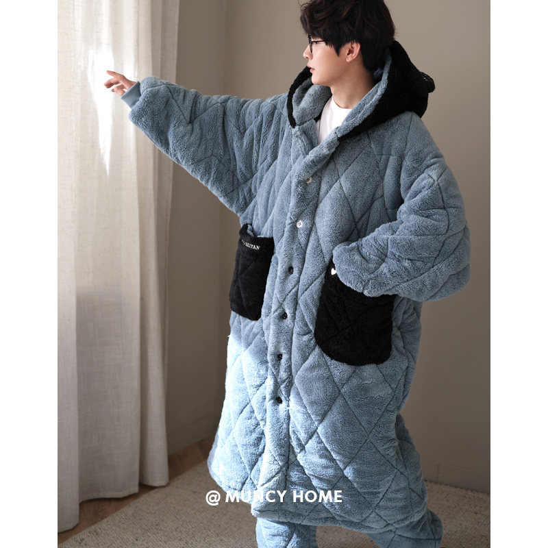 曼系男士睡衣三层夹棉加厚珊瑚绒蓝色睡袍家居服保暖两件套装秋冬