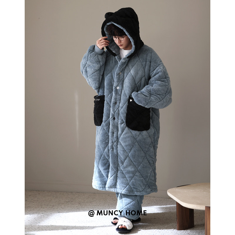 曼系男士睡衣三层夹棉加厚珊瑚绒蓝色睡袍家居服保暖两件套装秋冬