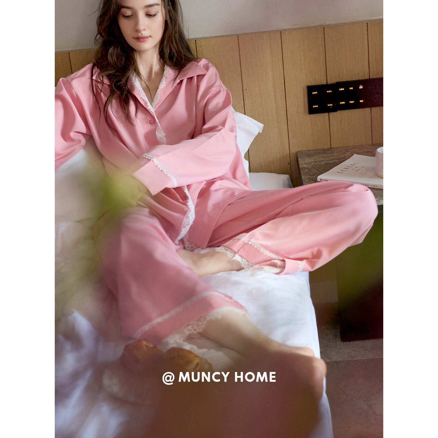 曼系“桃花红润”睡衣女春秋季柔软棉拼接蕾丝显白粉色气质家居服,女士内衣/男士内衣/家居服,睡衣/家居服套装,淘宝优惠券,粉丝福利购,淘宝优惠卷