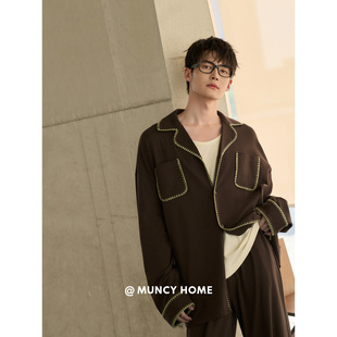 曼系“撞色艺术”男士睡衣春秋柔软棉简约休闲新款长袖开衫家居服