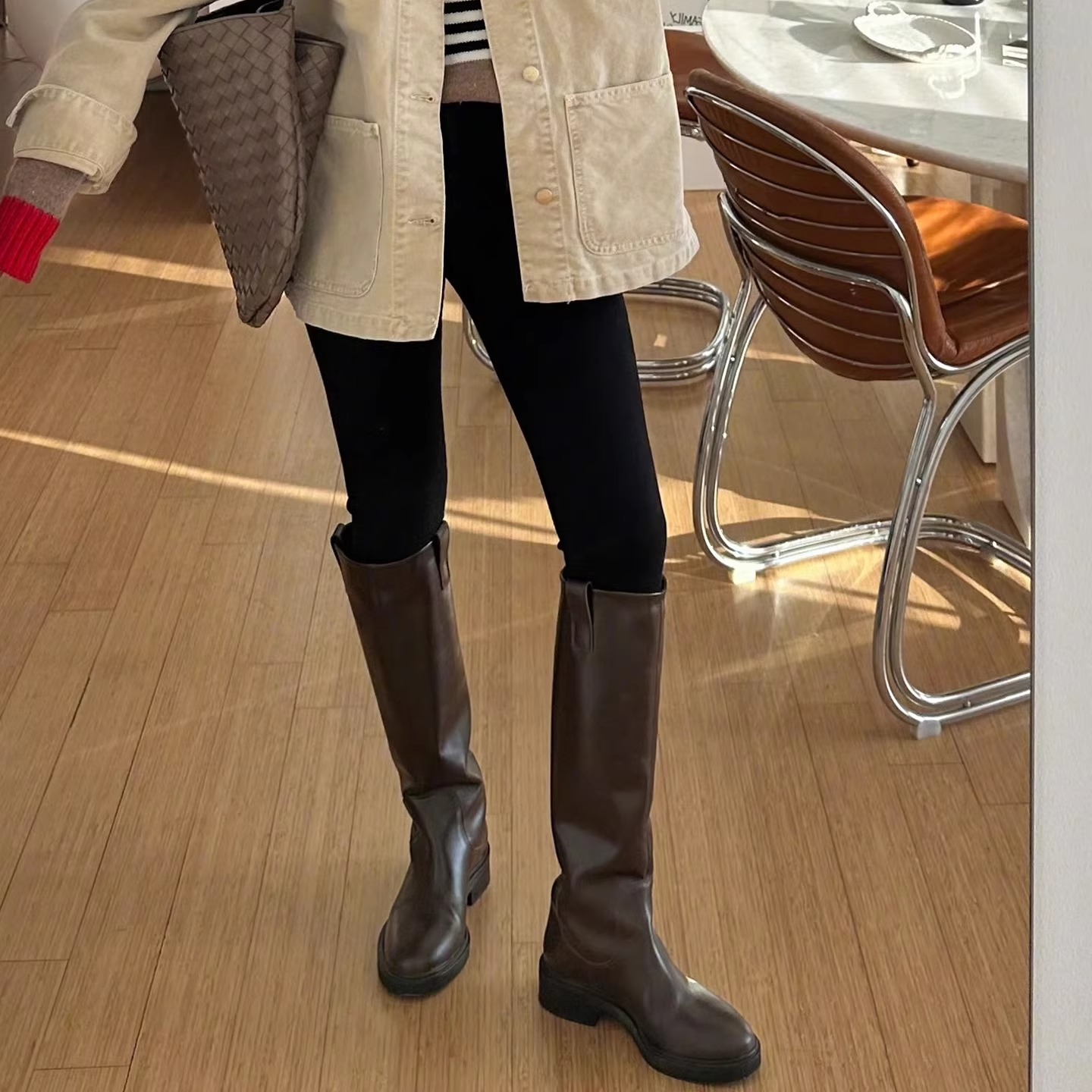 割草机老k长靴骑士靴不过膝靴直筒靴子 里外全真皮savi同款显腿长