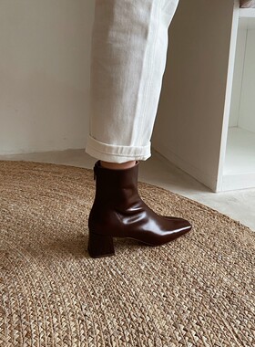 割草机老K 法式复古风粗跟小短靴女靴子真皮单靴瘦瘦靴裸靴中筒靴