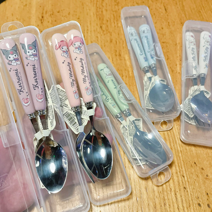 Japanese-Style Stainless Steel Children's Cutlery Spoon and Fork Kuromi Melody Cartoon Ceramic Handle Dessert Spoon Fruit Fork