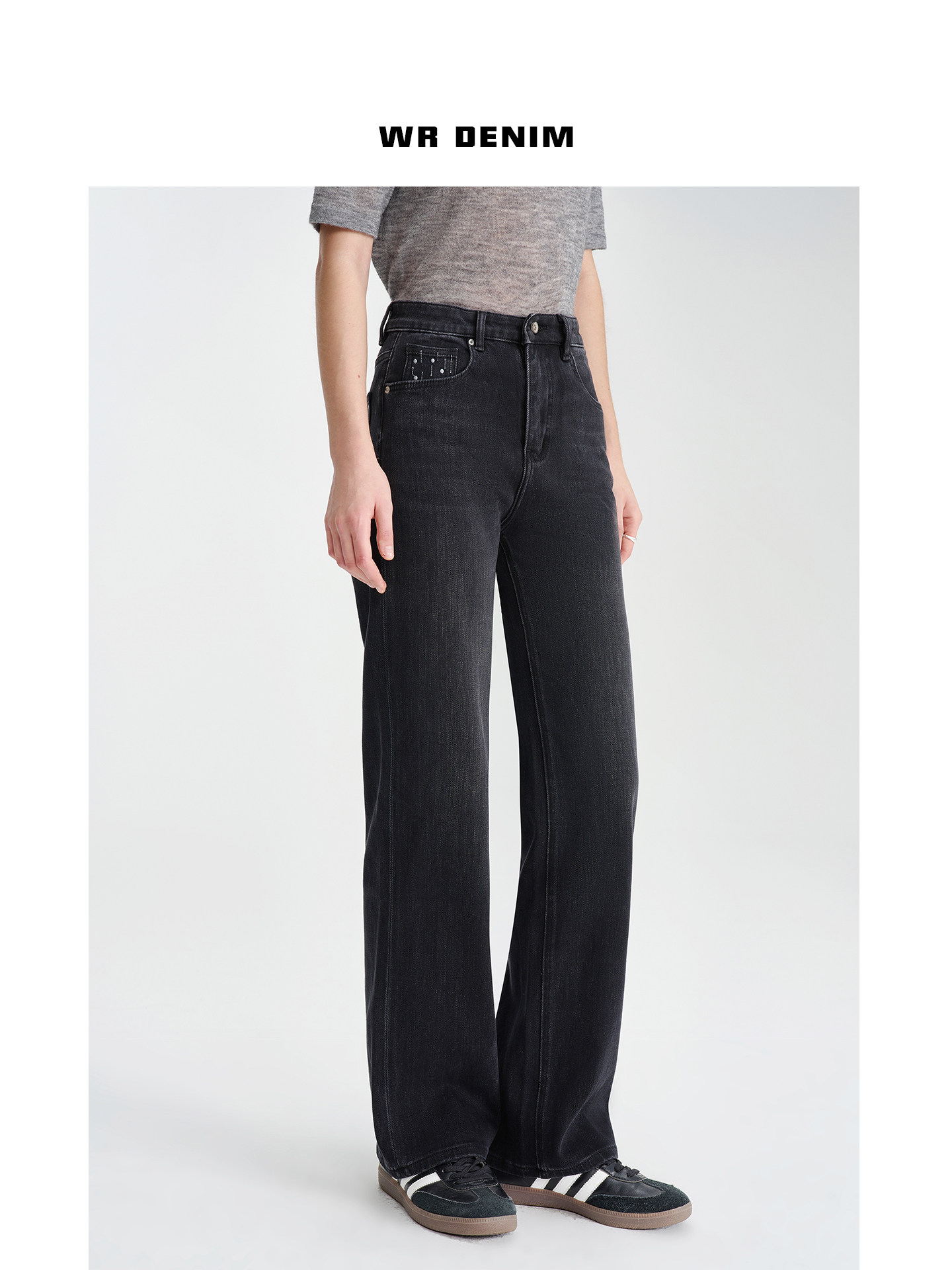 WR黑灰色高腰窄版阔腿牛仔裤女2025秋冬新款宽松显瘦刺绣直筒裤子