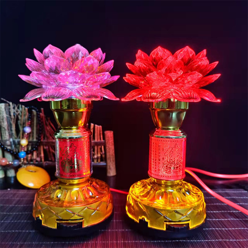 多功能led七彩水晶莲花灯家用供佛灯长明灯观音蜡烛烛台摆件一对