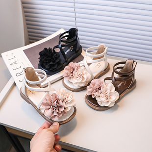 女童凉鞋2025夏季新款儿童花朵公主鞋子中大童软底高帮露趾罗马鞋