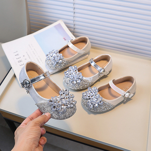儿童银色水晶鞋 女童小皮鞋 2025新款 闪亮舞台演出鞋 软底 水钻公主鞋