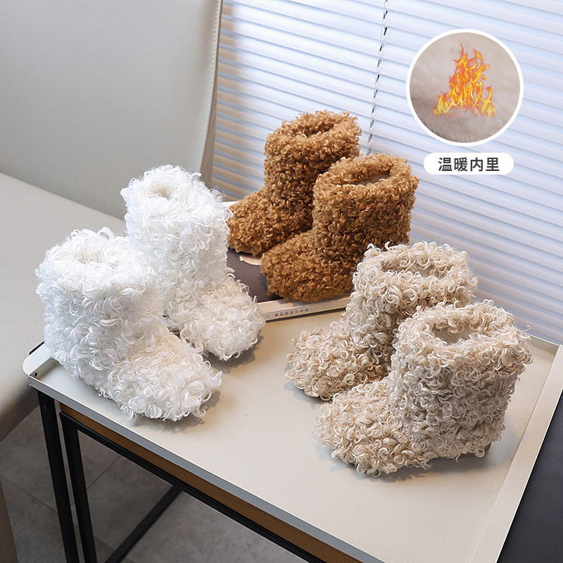 时髦儿童毛毛靴外穿冬季新款保暖套筒棉靴加绒女童可爱休闲软底