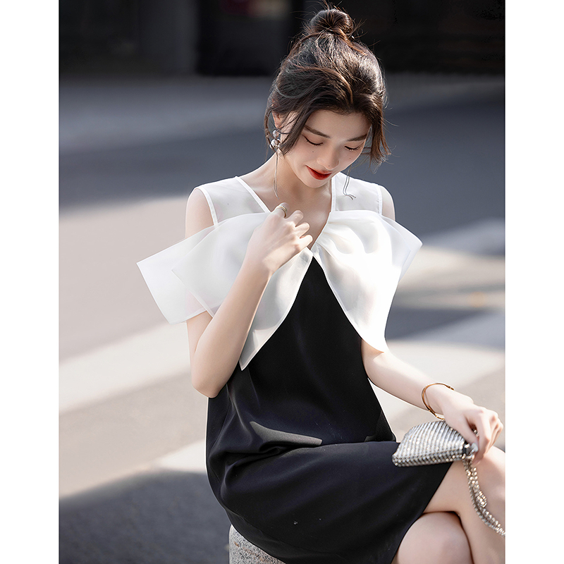 德瑪納優(yōu)雅蝴蝶結(jié)拼接小洋裙女25夏季新款氣質(zhì)V領(lǐng)無袖直筒連衣裙B