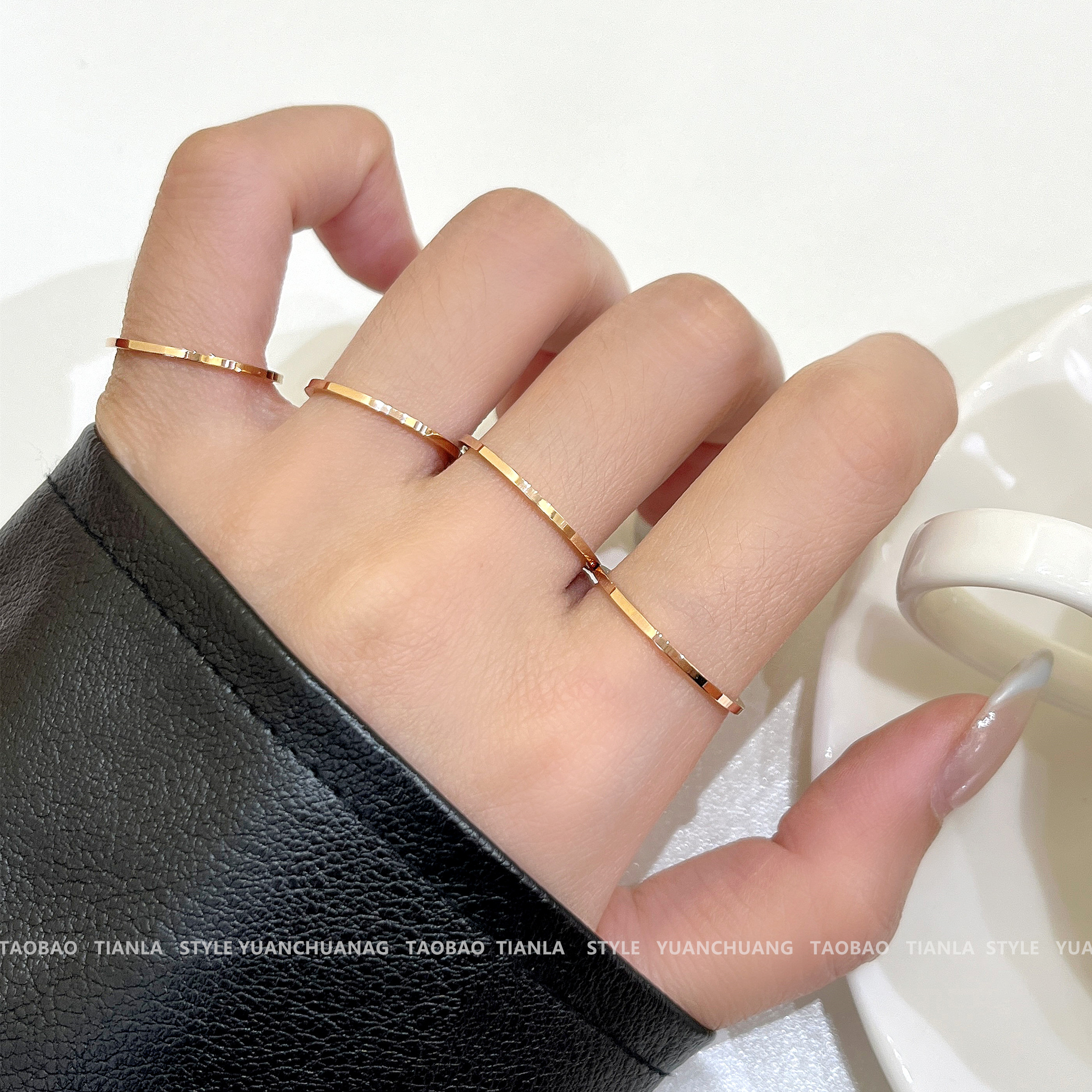 钛钢镀18K金极细戒指女