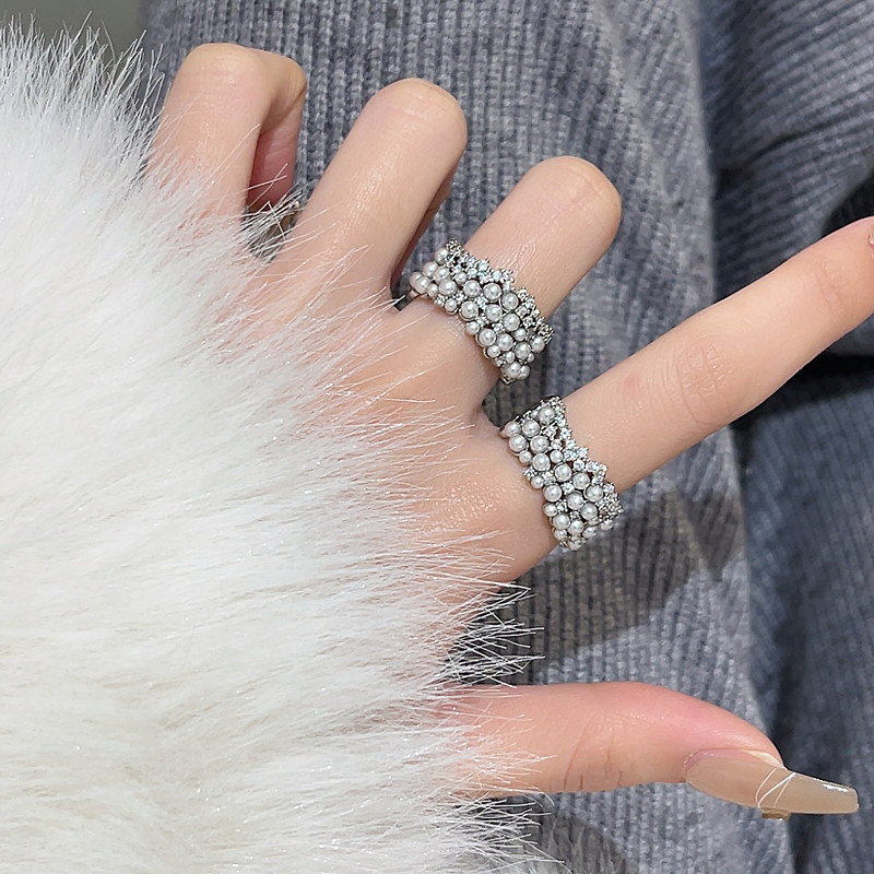 新款锆石珍珠戒指女小众设计高级感法式开口戒轻奢时尚个性食指戒