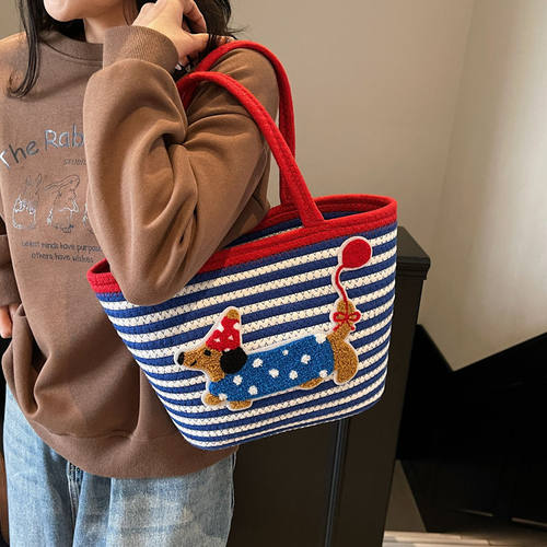 腊肠狗菜篮子手提包可爱小狗大容量托特包编织棉绳包伴手礼水桶包