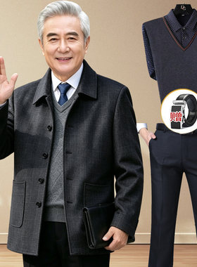 中老年夹克男秋冬装套装爸爸春秋季呢子外套老年人爷爷上衣服大码