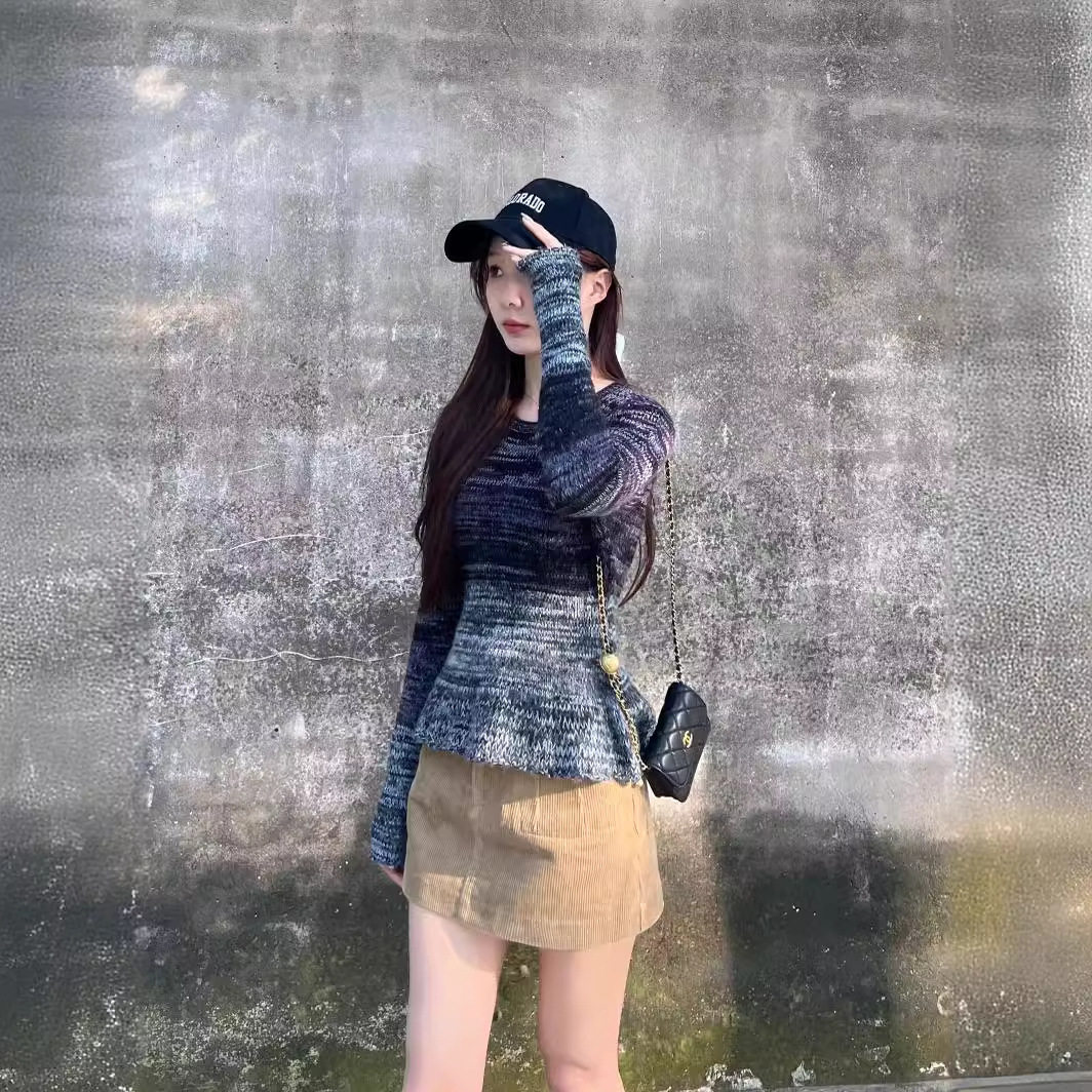 毛衣春女新款混色时尚阔摆设计感圆领套头女式针织衫