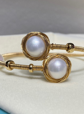 新款天然淡水珍珠INS简约小众可调节百搭设计复古轻奢开口手镯