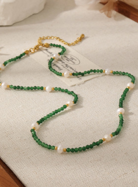 祖母绿珍珠显白小众锁骨链