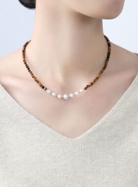 通勤百搭珍珠虎眼石转运珠锁骨链