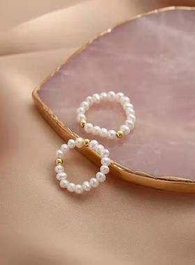 叠戴ins风天然珍珠弹力线戒指
