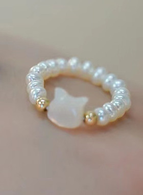 天然贝壳猫头淡水珍珠戒指