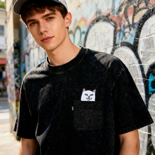 美国潮牌RIPNDIP贱猫中指猫短袖 T恤休闲口袋猫黑色做旧男女情侣款