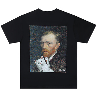 美国潮牌RIPNDIP中指猫贱猫纯棉短袖 T恤恶搞梵高自画像男女情侣款