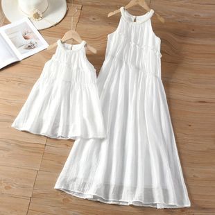 法式 沙滩裙海边度假可扎染白色连衣裙 编织挂脖气质亲子装 母女夏季