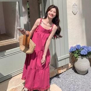 吊带连衣裙流苏夏季女新款宽松度假风重工海边长裙慵懒2025大摆裙