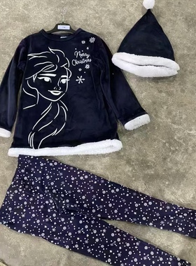 圣诞款冰雪奇缘90-140码女童儿童睡衣睡毛睡裤家居服三件套装