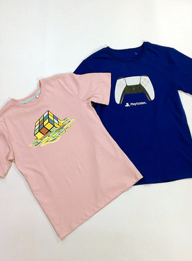 140-180码外单出口男女童儿童中大童亲子纯棉游戏魔方短袖T恤衫