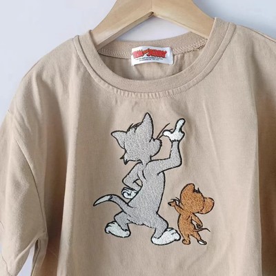 外贸童装出口日本120-130猫和老鼠卡通动漫刺绣短袖T恤衫夏装上衣