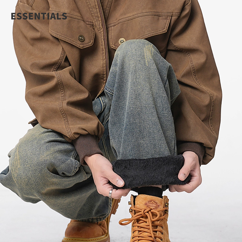 水洗复古加绒牛仔裤男秋冬季