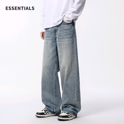 ESSENTIALS水洗猫须做旧牛仔裤男士宽松直筒阔腿裤复古痞帅裤子