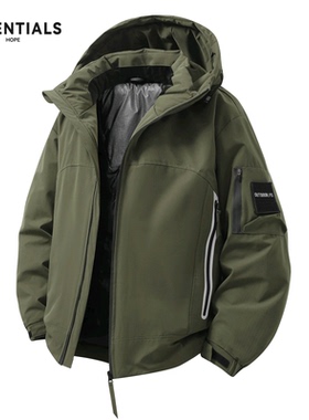 ESSENTIALS羽绒服男士冬季户外抗寒工装90绒冬装加厚保暖连帽外套