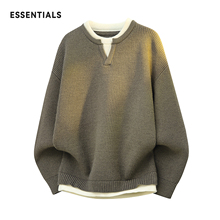 ESSENTIALS假两件V圆领针织衫上衣秋冬新款宽松休闲男慵懒风毛衣
