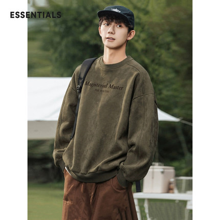 ESSENTIALS重磅麂皮绒圆领加绒卫衣新款冬季男装加厚长袖上衣冬装