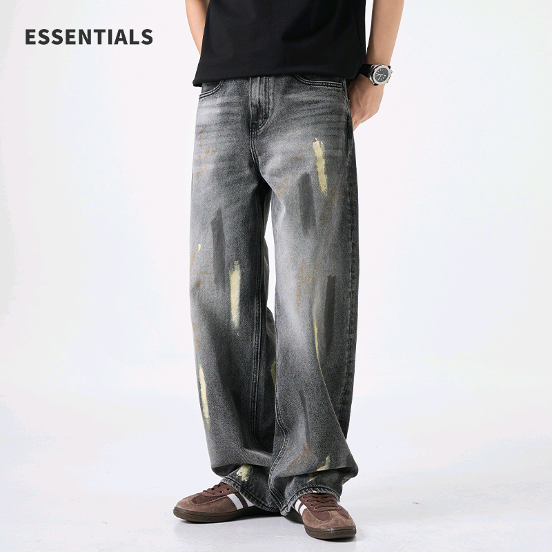 ESSENTIALS复古做旧做脏涂鸦泼墨牛仔裤男直筒宽松休闲阔腿长裤子