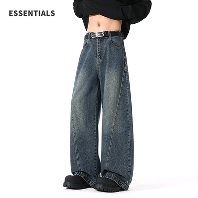 ESSENTIALS复古水洗弯刀牛仔裤男士冬季新款美式加绒宽松阔腿裤子