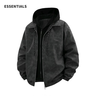 ESSENTIALS夹克外套潮牌连帽假两件皮衣潮流男pu复古美式 休闲外套