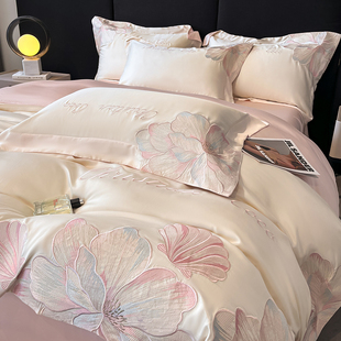夏季冰丝被罩四件套凉感丝滑冰丝床单被套轻奢裸睡真丝床上用品