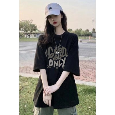 夏季爆款黑色短袖t恤女宽松韩版100%纯棉中长款印花小清新ins上衣